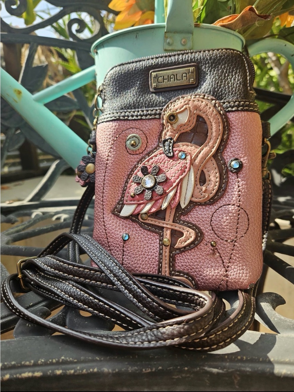Chala Metallic Pink Flamingo Crossbody Bag with Brown Trim